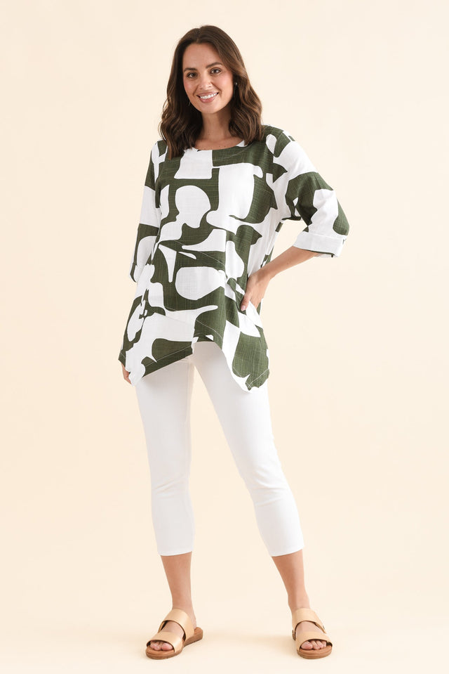Anya Khaki Geo Linen Cotton Top,Full Body,Brunette model,alt text|model:MJ image 7