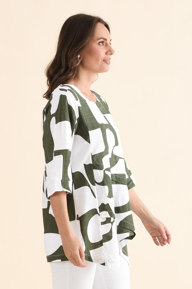 Anya Khaki Geo Linen Cotton Top,Side,Brunette model,alt text|model:MJ image 4