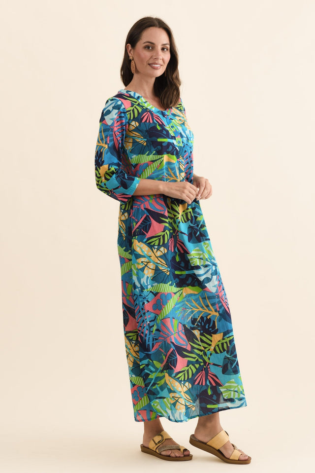 Apia Blue Jungle Cotton Maxi Dress,Brunette model,alt text|model:MJ image 3