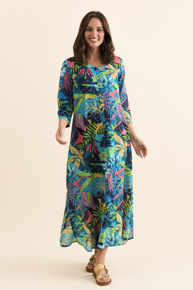 Apia Blue Jungle Cotton Maxi Dress,Brunette model,alt text|model:MJ