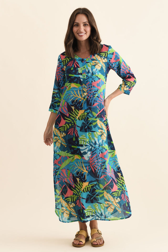 Apia Blue Jungle Cotton Maxi Dress,Brunette model,alt text|model:MJ