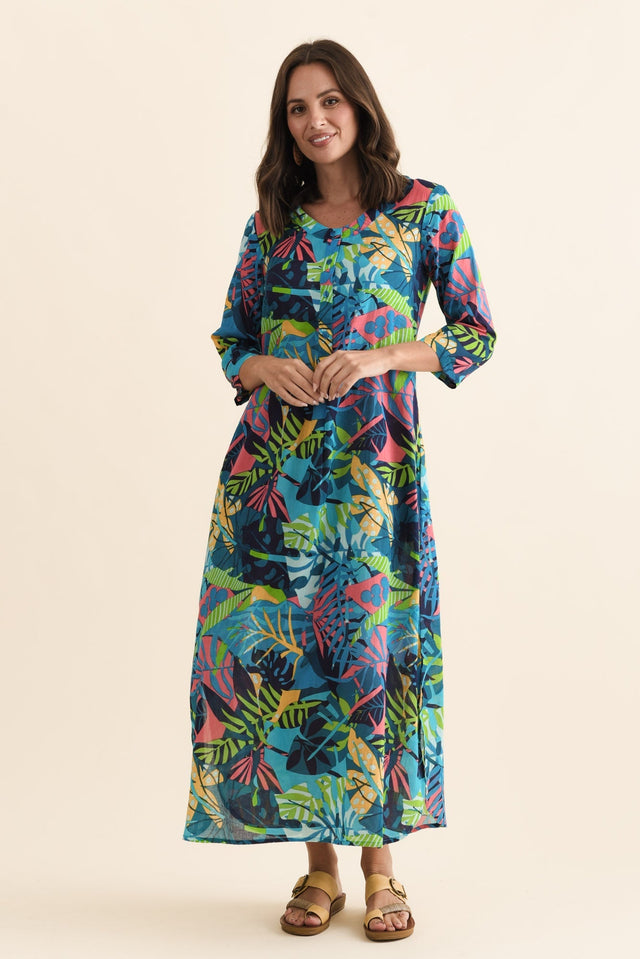 Apia Blue Jungle Cotton Maxi Dress,Brunette model,alt text|model:MJ image 6