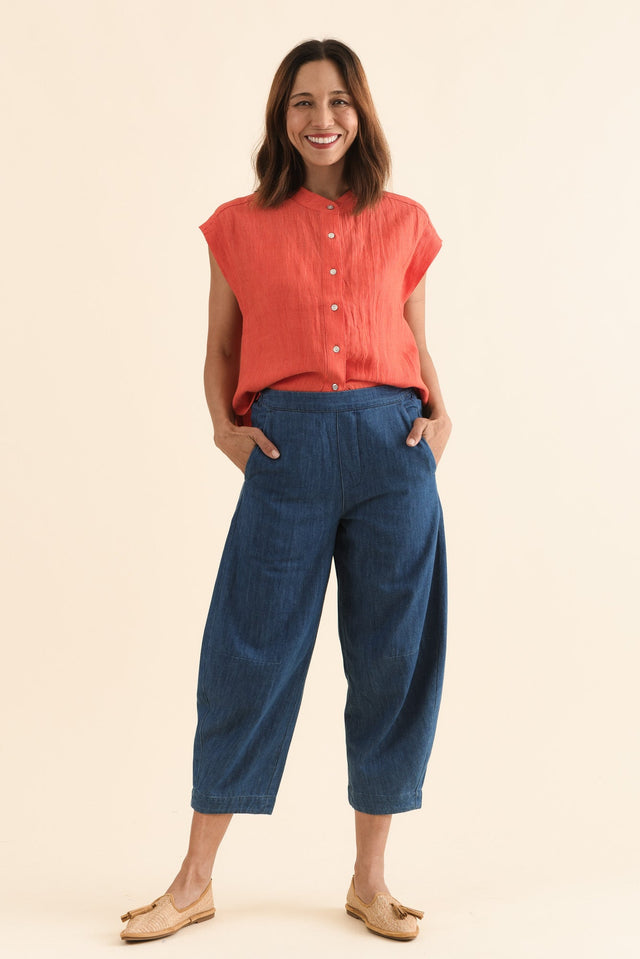 Ottie Blue Cotton Barrel Pants,Full Body,Brunette model,alt text|model:Cara image 2