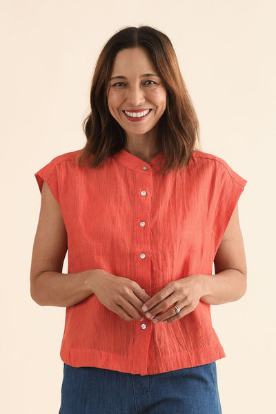 April Orange Stripe Linen Button Top