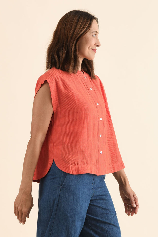 April Orange Stripe Linen Button Top,Side,Brunette model,alt text|model:Cara image 3
