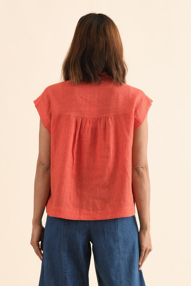 April Orange Stripe Linen Button Top,Back,Brunette model,alt text|model:Cara image 4