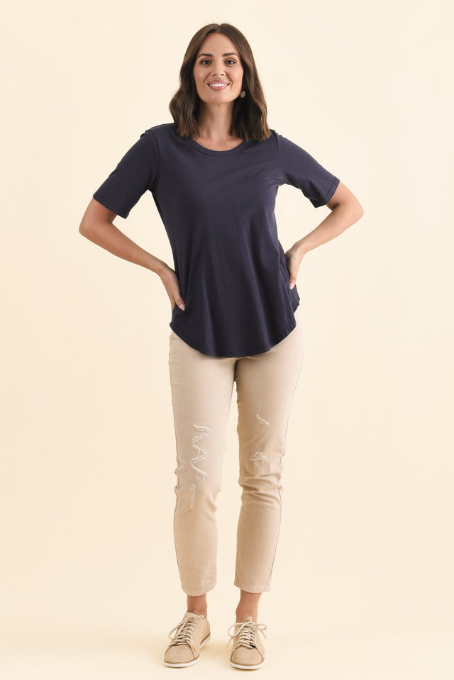 Ariana Navy Cotton Tee,Brunette model,alt text|model:MJ