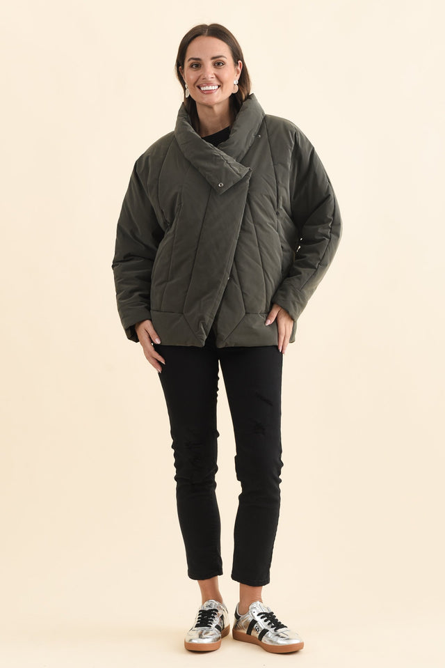 Arica Charcoal Wrap Puffer Jacket,Brunette model,alt text|model:MJ image 7