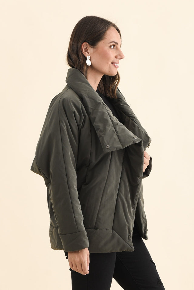 Arica Charcoal Wrap Puffer Jacket,Brunette model,alt text|model:MJ image 4