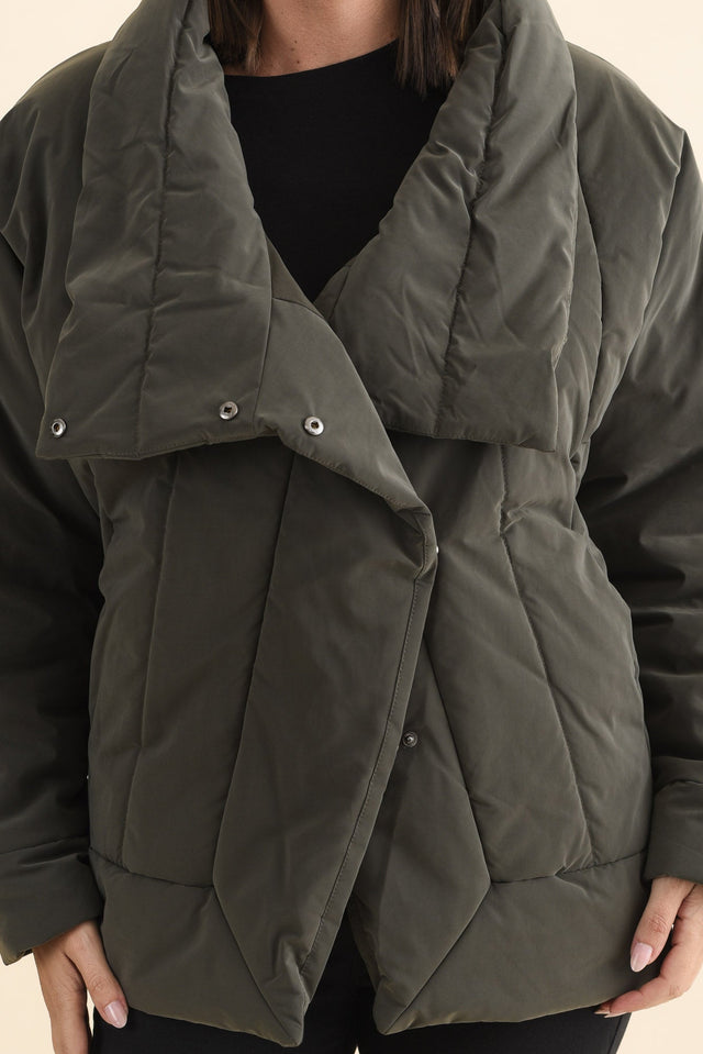 Arica Charcoal Wrap Puffer Jacket,Brunette model,alt text|model:MJ image 6