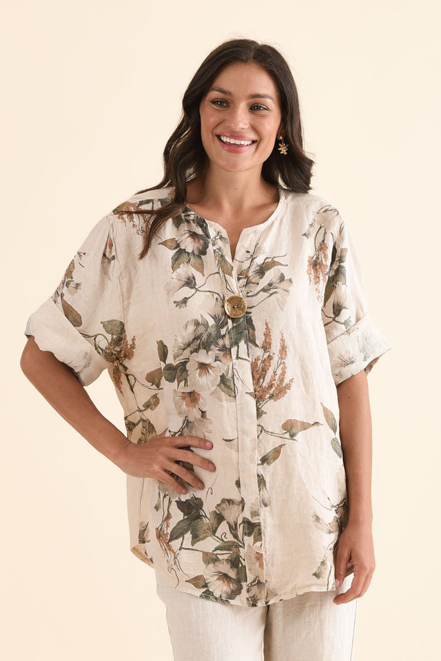 Arlon Beige Foliage Linen Button Top,Front,Brunette model,alt text|model:Brontie