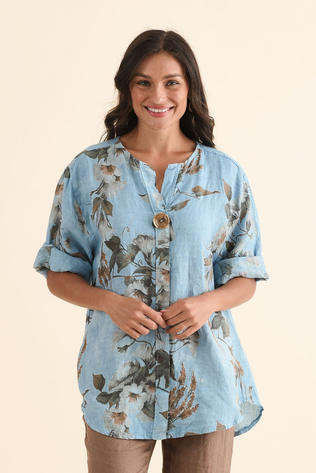 Arlon Blue Foliage Linen Button Top,Front,Brunette model,alt text|model:Brontie