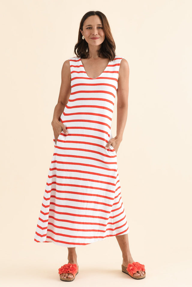 Aspen Red Stripe Pocket Dress,Front,Brunette model,alt text|model:Cara image 1