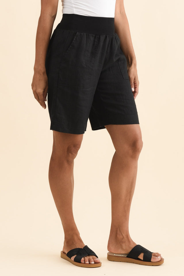 Aster Black Linen Shorts,Brunette model,alt text|model:Cara image 3