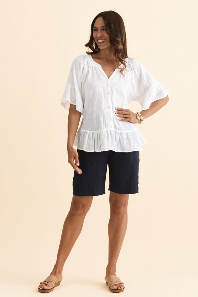 Aster Navy Linen Shorts,Brunette model,alt text|model:Cara image 3