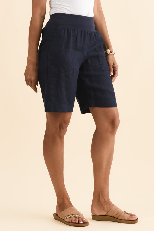 Aster Navy Linen Shorts,Brunette model,alt text|model:Cara image 4