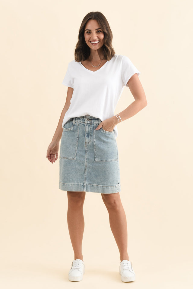 Atlas Blue Denim Stretch Skirt,Brunette model,alt text|model:MJ image 7