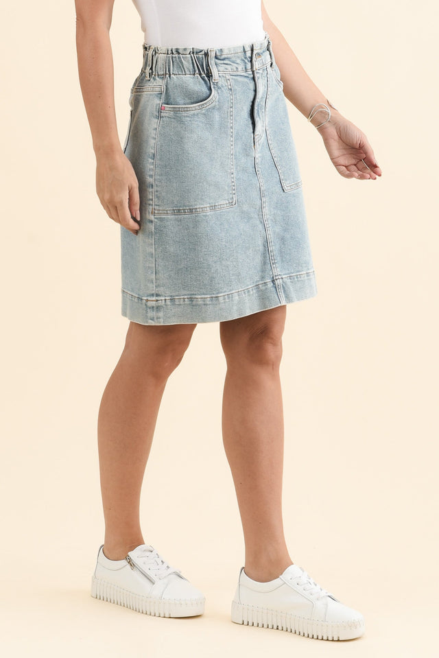 Atlas Blue Denim Stretch Skirt,Brunette model,alt text|model:MJ image 4