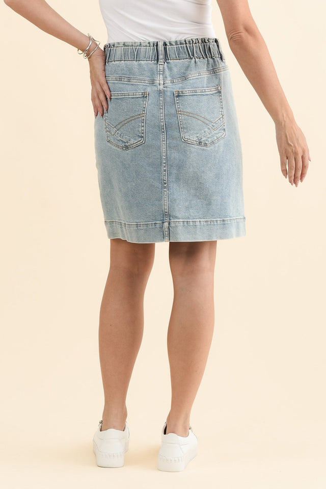 Atlas Blue Denim Stretch Skirt,Brunette model,alt text|model:MJ image 5