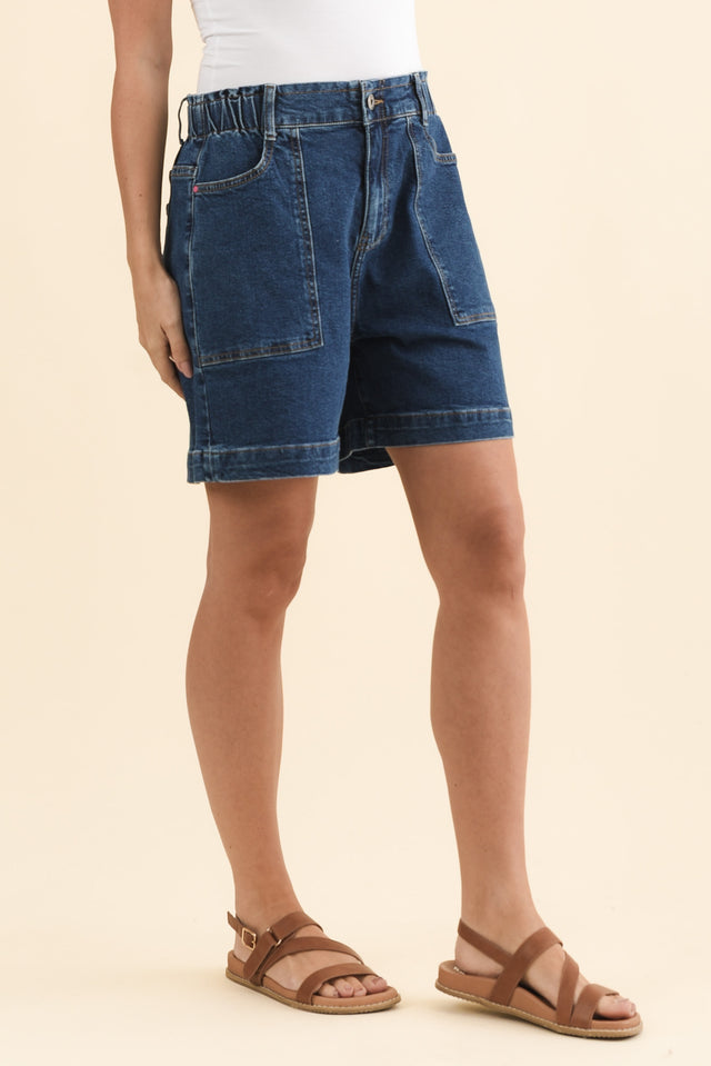 AtlasDarkBlueDenimStretchShorts, Brunette model,Side,alt text|model:MJ image 4