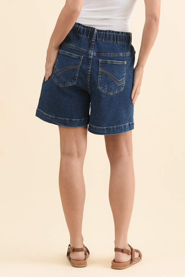 AtlasDarkBlueDenimStretchShorts, Brunette model,Back,alt text|model:MJ image 5