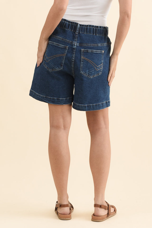 Atlas Dark Blue Denim Stretch Shorts,Brunette model,alt text|model:MJ image 5