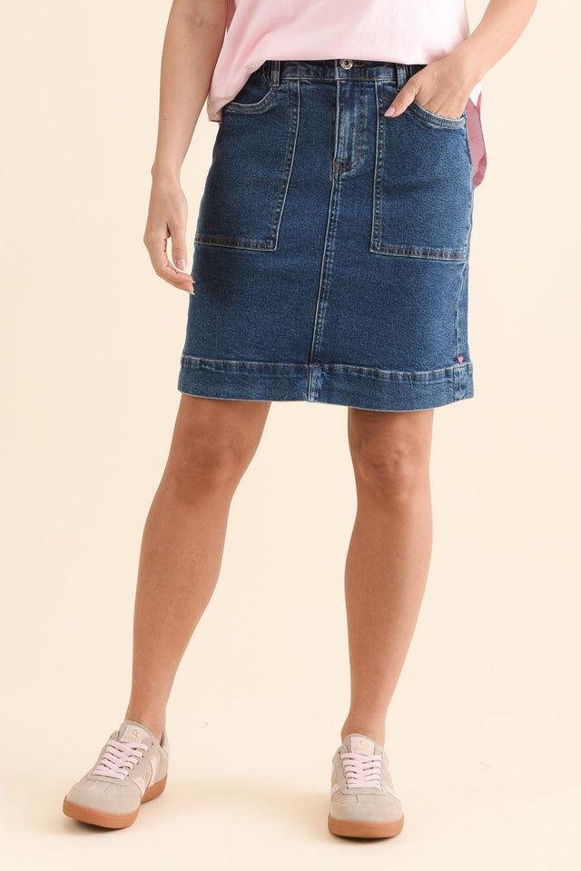 Atlas Dark Blue Denim Stretch Shorts,Front,Brunette model,alt text|model:MJ