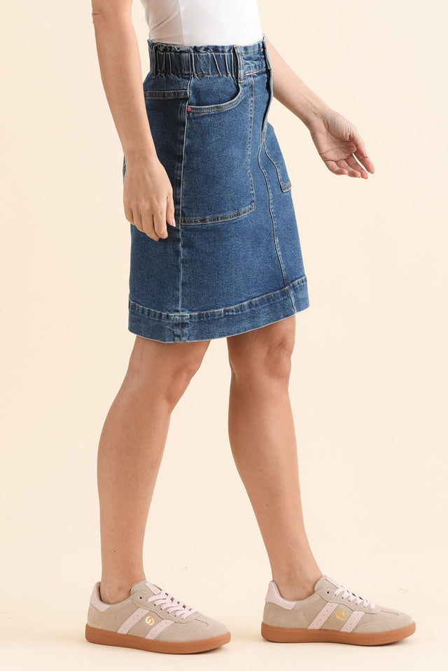 Atlas Dark Blue Denim Stretch Skirt,Side,Brunette model,alt text|model:MJ image 4