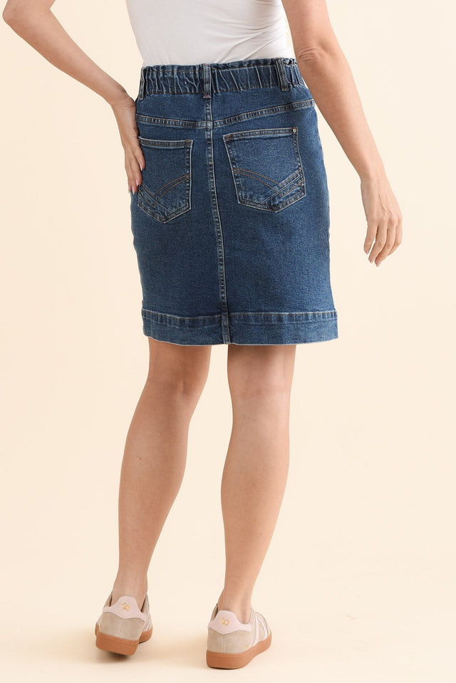 Atlas Dark Blue Denim Stretch Skirt,Back,Brunette model,alt text|model:MJ image 5