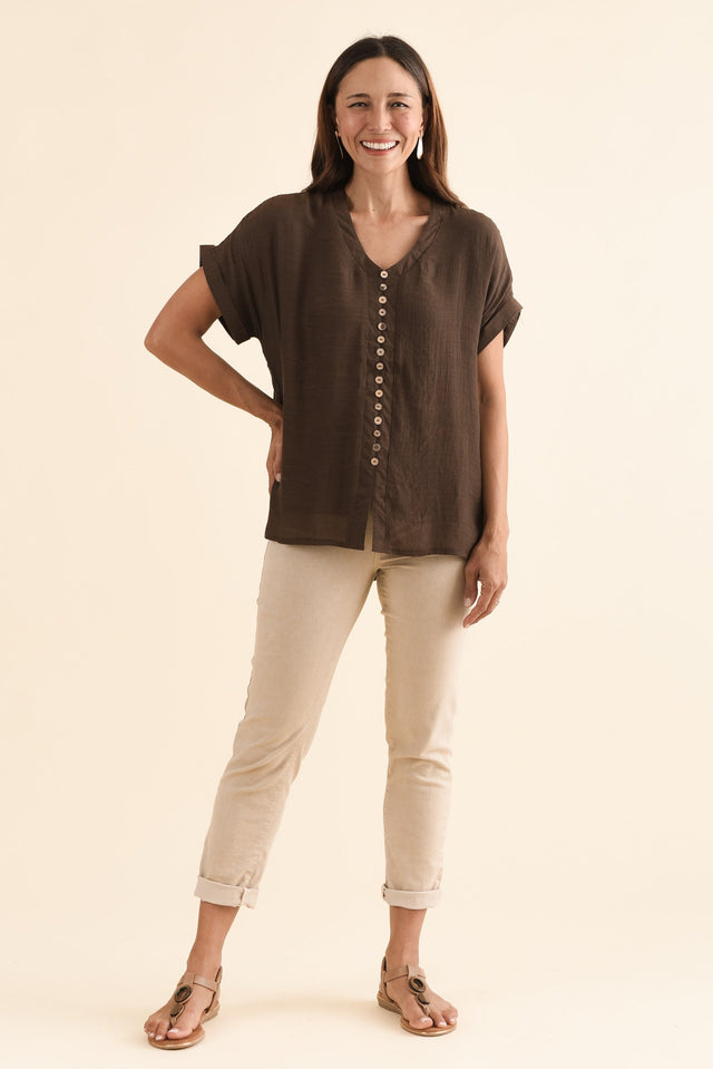Attica Chocolate Cotton Blend Button Top,Full Body,Brunette model,alt text|model:Cara image 6