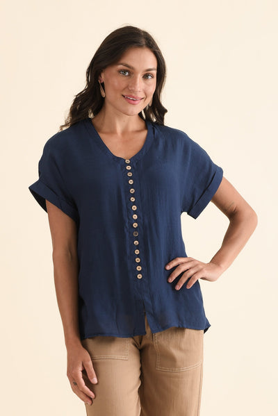 Attica Navy Cotton Blend Button Top