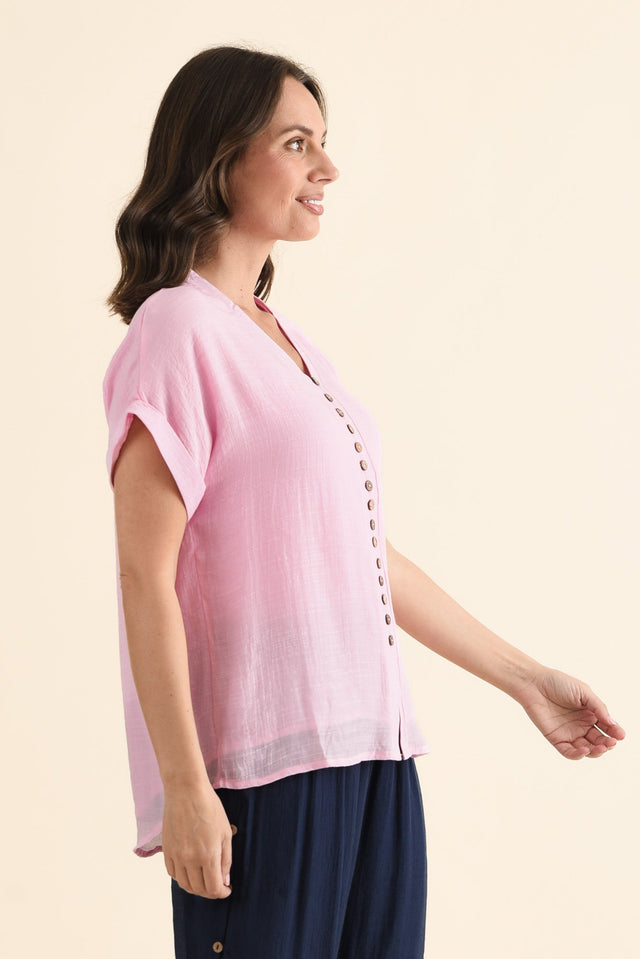 Attica Pink Cotton Blend Button Top,brunette model,Side of Outfit,alt text|model:MJ image 3