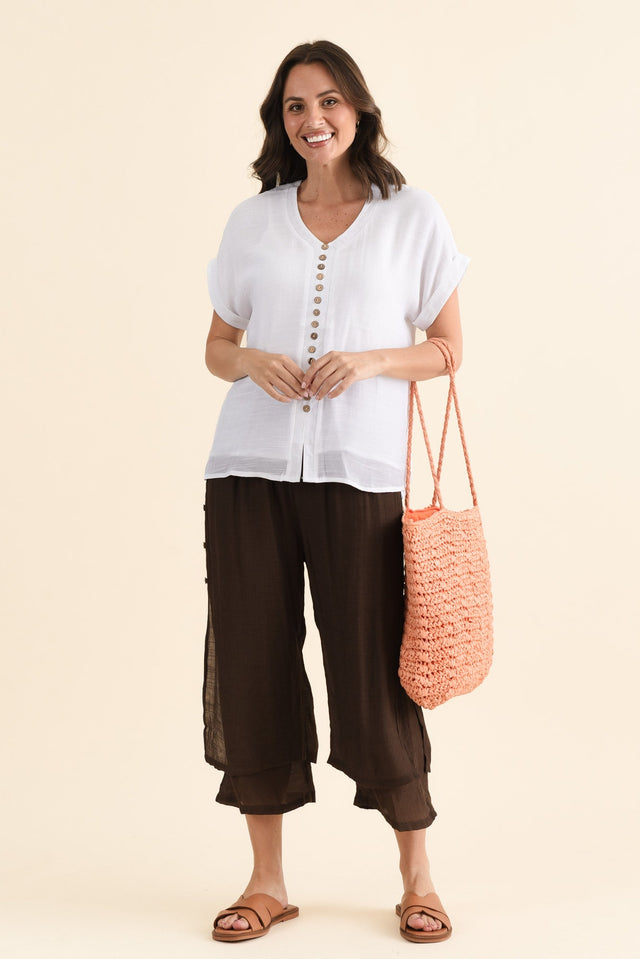 Attica White Cotton Blend Button Top,brunette model,Full Outfit,alt text|model:MJ