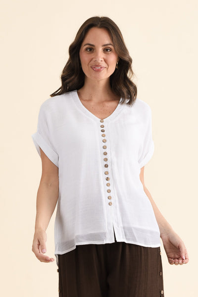 Attica White Cotton Blend Button Top