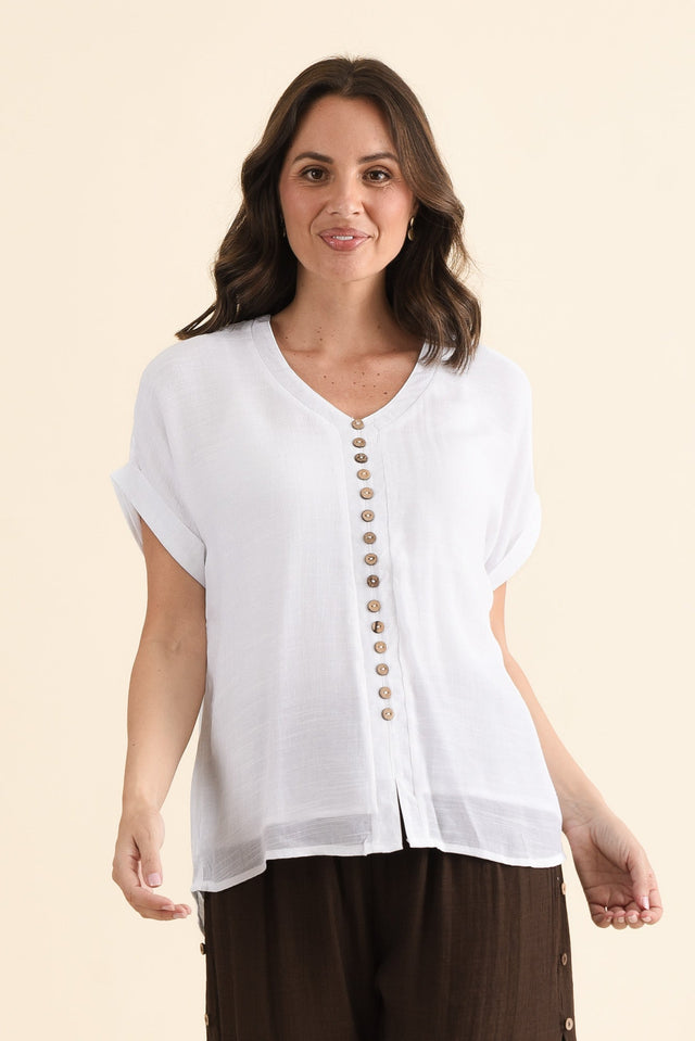 Attica White Cotton Blend Button Top,brunette model,Front of Outfit,alt text|model:MJ