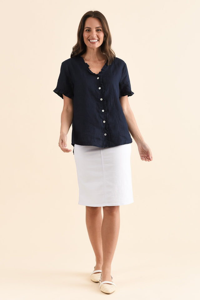 Audrey Navy Linen Button Top,Full Body,Brunette model,alt text|model:MJ image 2