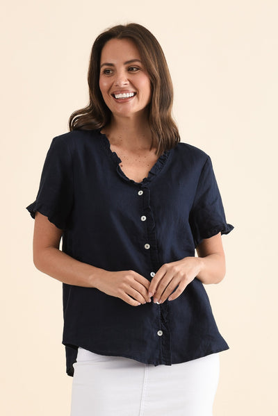 Audrey Navy Linen Button Top