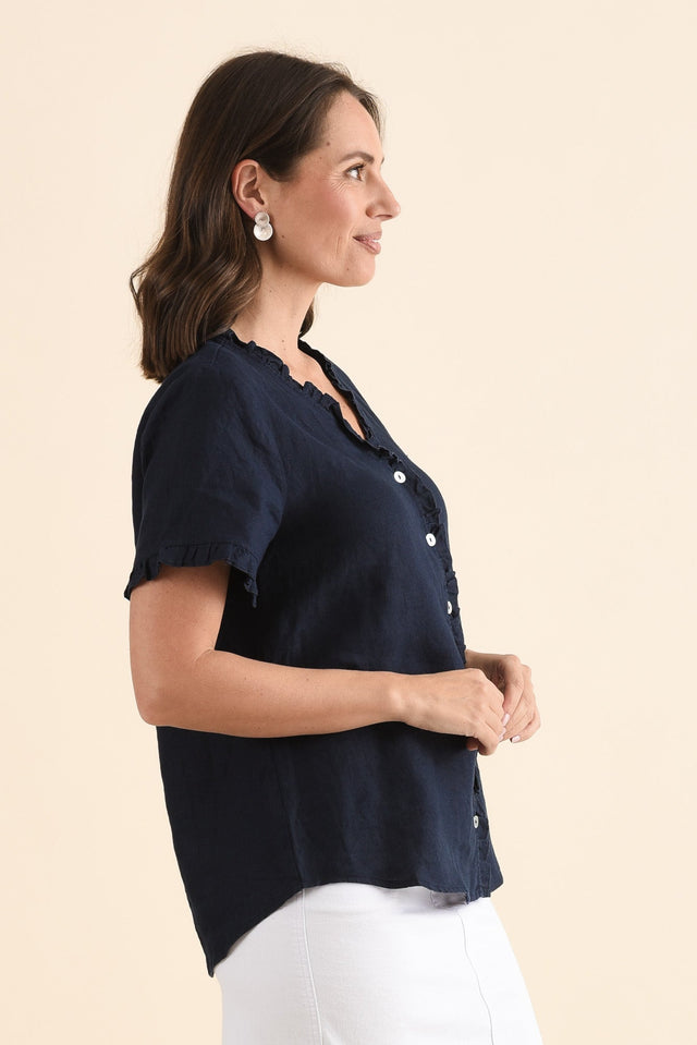 Audrey Navy Linen Button Top,Side,Brunette model,alt text|model:MJ image 3