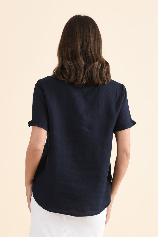 Audrey Navy Linen Button Top,Back,Brunette model,alt text|model:MJ image 4