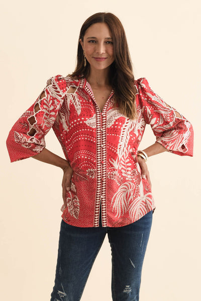 Audrey Red Palm Embroidered Blouse