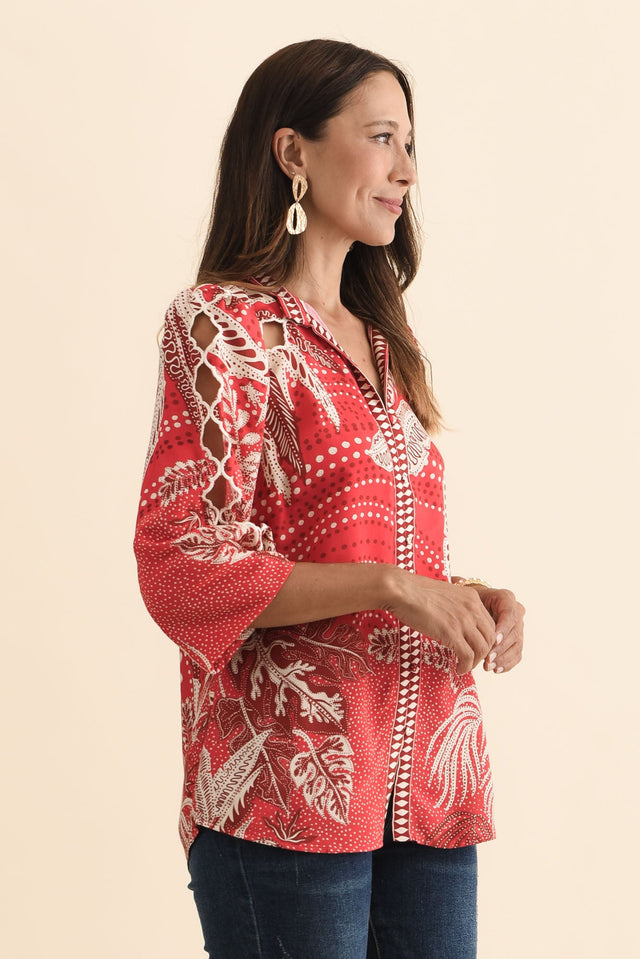 Audrey Red Palm Embroidered Blouse,Brunette model,alt text|model:Cara image 4