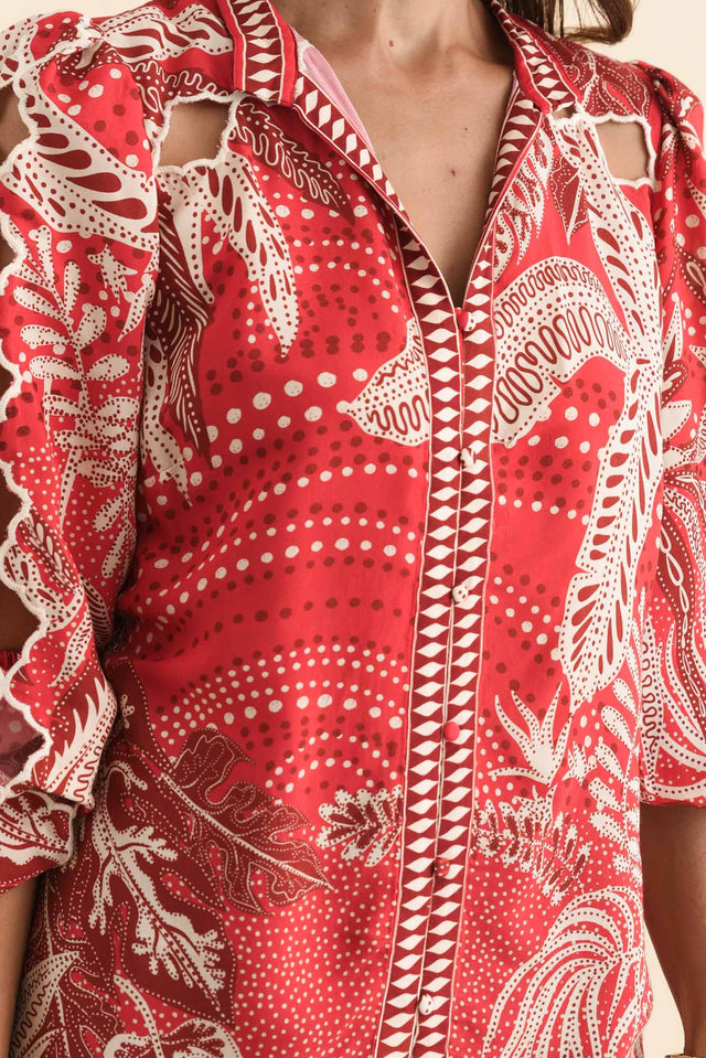 Audrey Red Palm Embroidered Blouse,Brunette model,alt text|model:Cara image 6