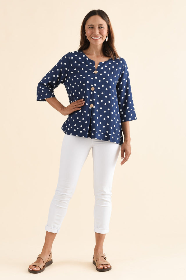 Augusta Navy Spot Linen Cotton Top,Full Body,Brunette model,alt text|model:Cara image 2
