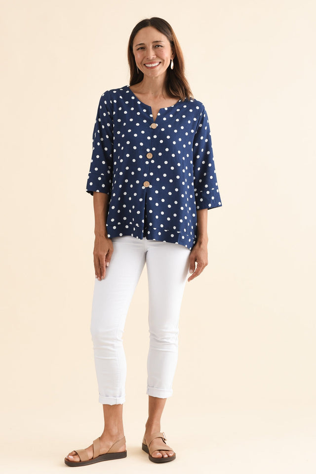 Augusta Navy Spot Linen Cotton Top,Full Body,Brunette model,alt text|model:Cara image 6