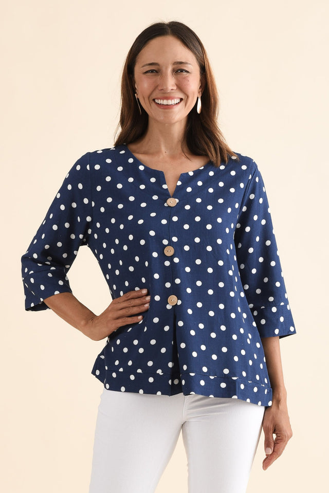 Augusta Navy Spot Linen Cotton Top,Front,Brunette model,alt text|model:Cara image 1