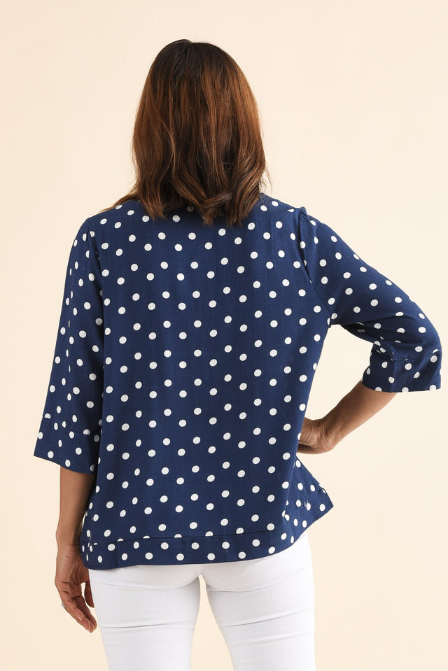 Augusta Navy Spot Linen Cotton Top,Back,Brunette model,alt text|model:Cara image 4