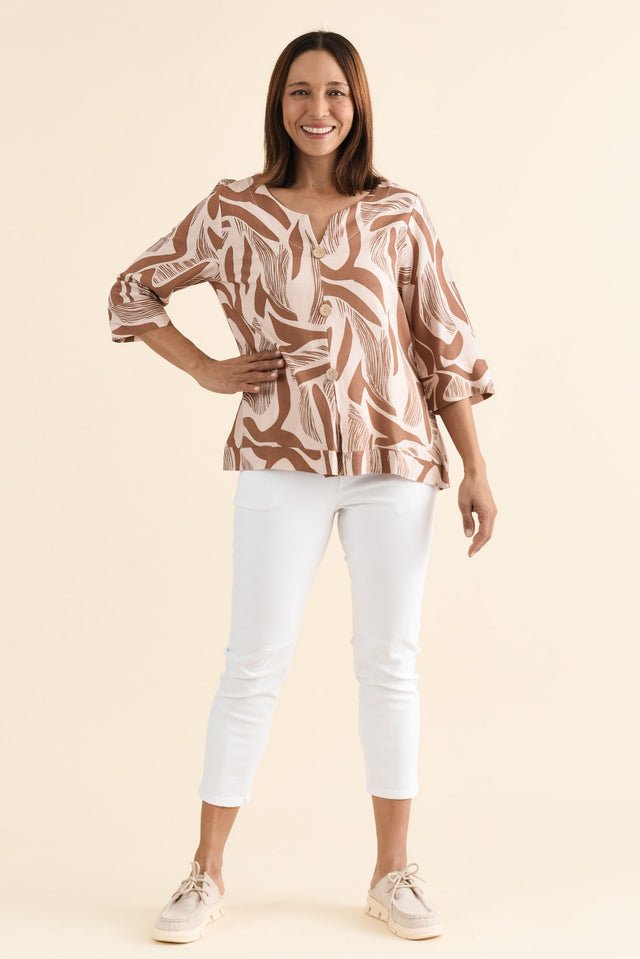 Augusta Tan Abstract Linen Cotton Top,brunette model,Full Outfit,alt text|model:Cara image 6