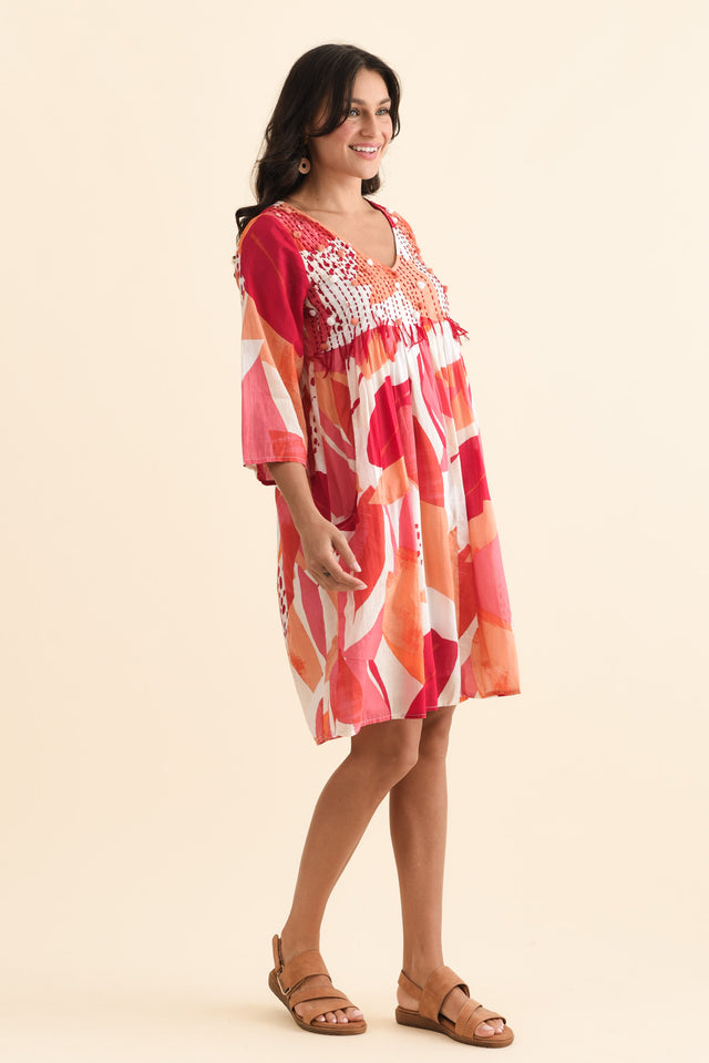 Ava Pink Abstract Cotton Pocket Dress,Brunette model,alt text|model:Brontie image 4