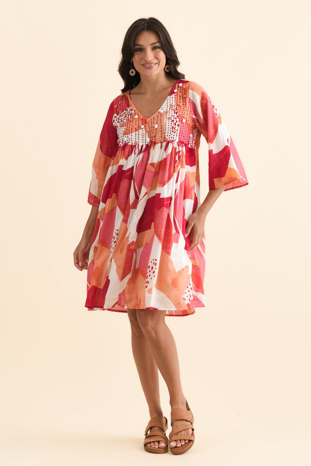 Ava Pink Abstract Cotton Pocket Dress,Brunette model,alt text|model:Brontie image 3