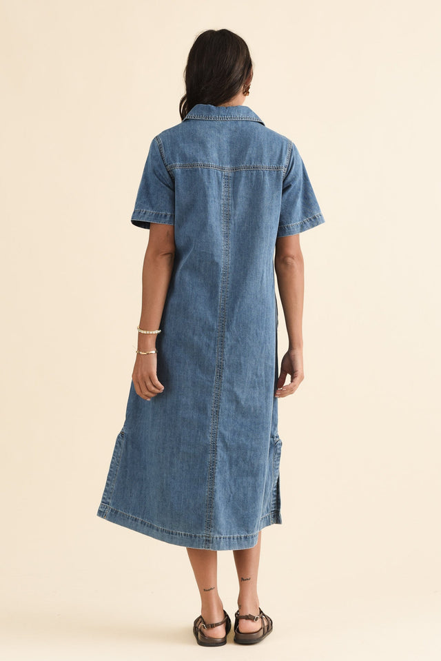 Ayla Blue Denim Shirt Dress,Back,Brunette model,alt text|model:Brontie image 4